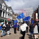 Protesters marching on Briggate in Leeds city centre during the Rejoin EU demonstration.