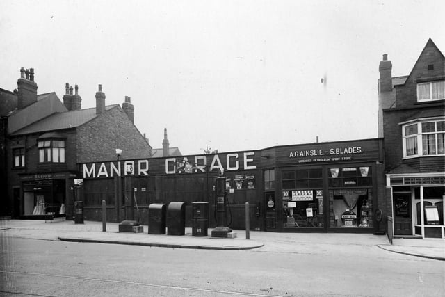 Manor Garage on Norville Terrace, Headingley Lane, in April 1937. DS Forth, house furnisher can be seen on left with Peter Page, painter and decorator just visible on right.