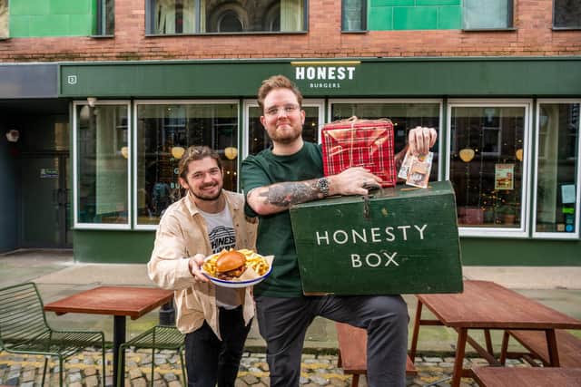 Leeds burger joint Honest Burgers are donating 100% of its takings on December 5 to raise money for Cash for Kids Mission Christmas campaign.  Pictured are Leeds managers of Honest Burgers Liam Callagham with Daniel Hardings. Picture: James Hardisty