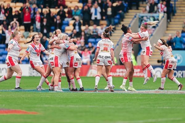 Jubilant St Helens players celebrate as the final whistle blows to confirm their one-point victory over York.