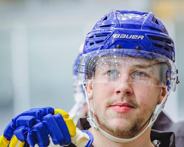 STICKING AROUND: Leeds Knights' captain Kieran Brown was more than happy to put pen to paper on a new deal, keeping him with the team until the end of the 2024-25 NIHL National campaign. Picture: Jacob Lowe/Leeds Knights.