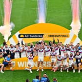 Wakefield Trinity’s lift the 1895 Cup after Victory against Sheffield Eagles. Picture by Allan McKenzie/SWpix.com.