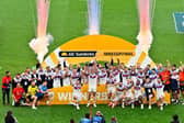 Wakefield Trinity’s lift the 1895 Cup after Victory against Sheffield Eagles. Picture by Allan McKenzie/SWpix.com.