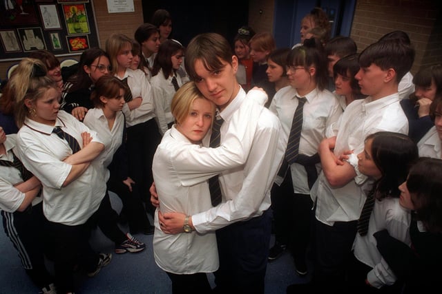 Pupils from Merlyn Rees High School were celebrating being crowned winners of the Pulse Rock Challenge for their play Be Your Best in April 1997. Pictured are leading cast members Vicky Barrass and Justin Hayward.