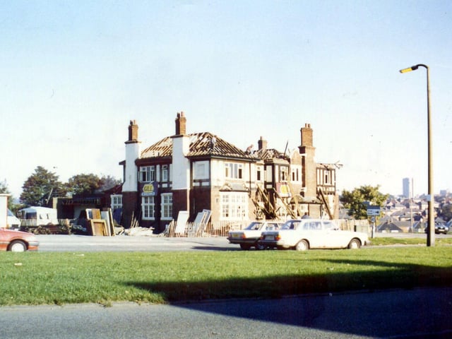 Another photo looking across the dual carriageway of York Road towards the Melbourne Hotel public house in the process of demolition. The junction with Foundry Lane is to the right. The site is now occupied by a Burger King fast food restaurant.