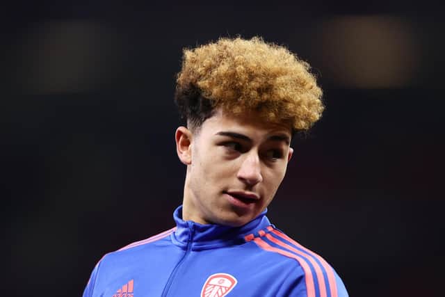 MANCHESTER, ENGLAND - FEBRUARY 08: Mateo Joseph of Leeds United looks on prior to the Premier League match between Manchester United and Leeds United at Old Trafford on February 08, 2023 in Manchester, England. (Photo by Naomi Baker/Getty Images)