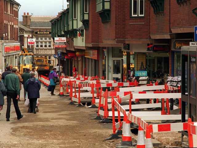 Work being carried out on the new pedestrian precinct on Salter Row in May 1997.