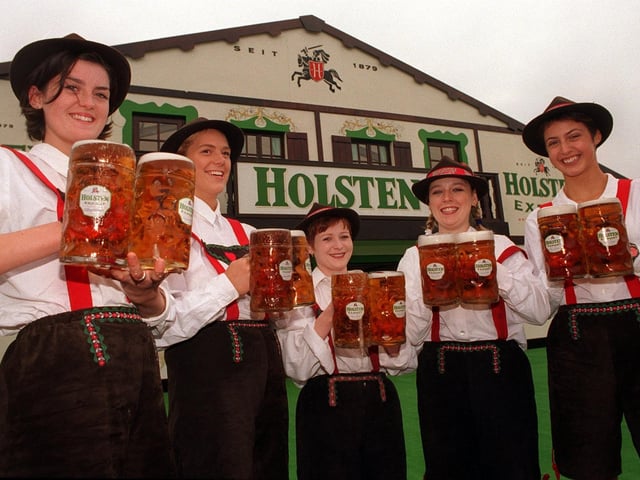 Holsten Bierfest was held on Woodhouse Moor in October 1997. Pictured ready to serve are waitresses, from left, Linda Donegan, Vicky Grant, Loise Mallon, Tracey Griffths and Alex Malinowska.