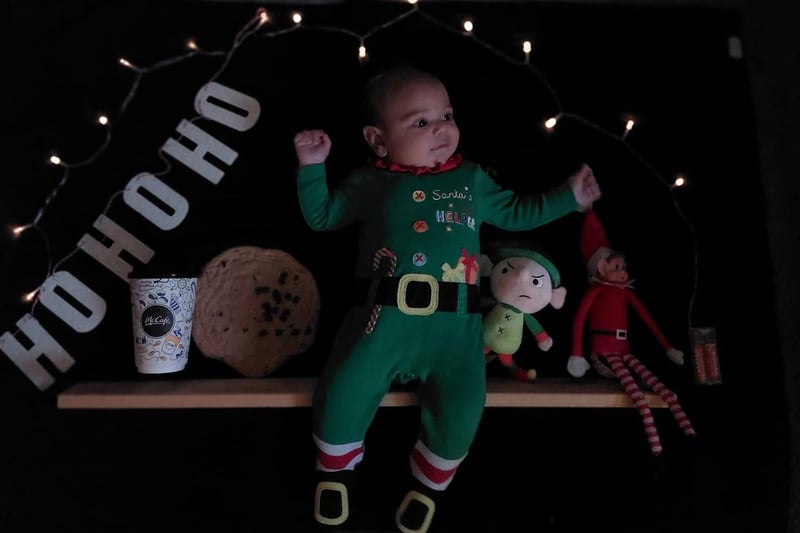 Eight week old Isaiah  is dressed as Elf on the Shelf. Submitted by Lisa-Marie Allen.