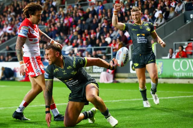 Chris Hankinson, seen celebrating his try against St Helens, has been outstanding for Leeds Rhinos this year, fan Iain Sharp says. Picture by Paul Currie/SWpix.com.