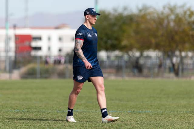 England prop Mikolaj Oledzki, seen training in Las Vegas last week, has a chance of returning from injury when Leeds Rhinos meet Castleford Tigers on Sunday. Picture by Alex Whitehead/SWpix.com.