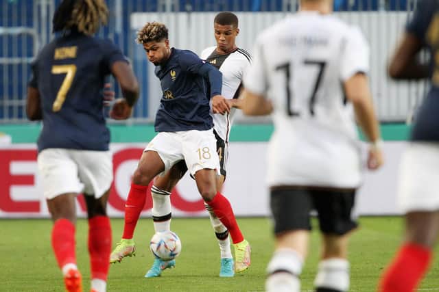 EXCITING: Leeds United's new record signing Georginio Rutter, centre, pictured in action for France's under-21s against Germany under-21s last September. 
Photo by Karina Hessland-Wissel/ Getty Images.