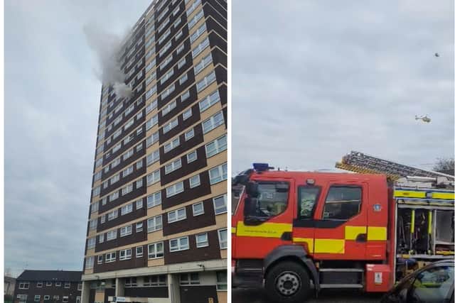Five fire engines attended the blaze at Clyde Grange tower block in Wortley, Leeds, on Saturday morning.