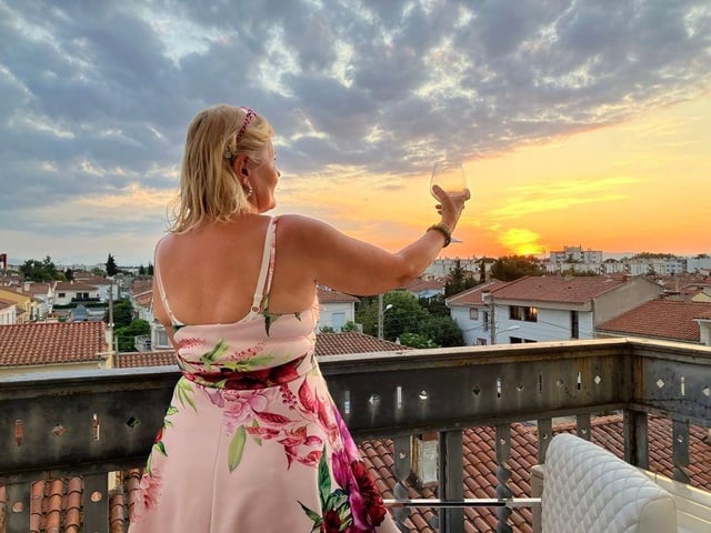 Toasting the sunset at Chateau Apollinaire in Perpignan, France.