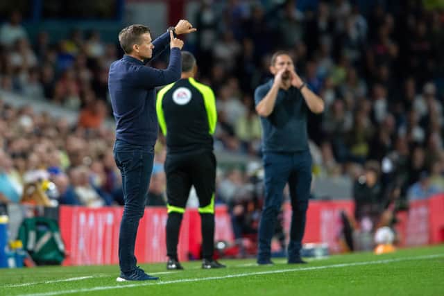 TOUCHLINE TENSION - Leeds United boss Jesse Marsch repeatedly pointed out Everton's time wasting and he and Frank Lampard contributed to the technical area tension. Pic: Bruce Rollinson
