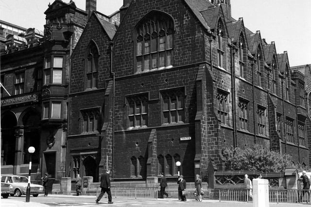 Priestley Hall formerly part of Mill Hill Chapel School, on Park Row in June 12967. It was designed by Geroge Corson and built 1858/59. It was demolished in 1968.