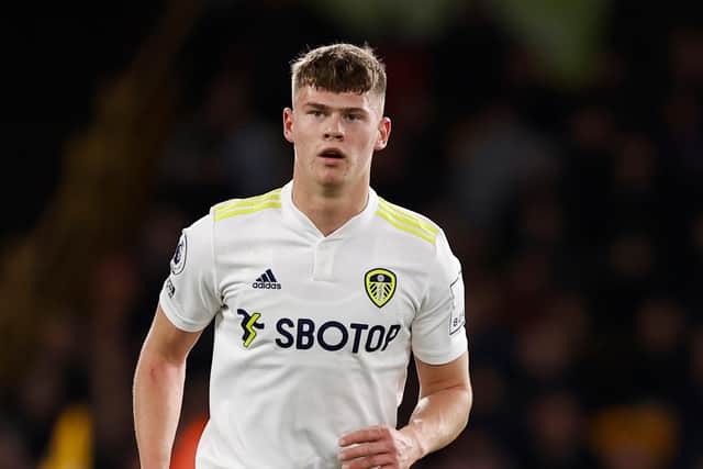 WOLVERHAMPTON, ENGLAND - MARCH 18: Charlie Cresswell of Leeds United during the Premier League match between Wolverhampton Wanderers and Leeds United at Molineux on March 18, 2022 in Wolverhampton, United Kingdom. (Photo by James Baylis - AMA/Getty Images)