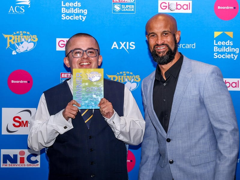 Rhinos' Learning Disabilities Rugby League (LDRL) player of the year - and star of the awards ceremony - Mitch Woodham, with club legend Jamie Jones-Buchanan.