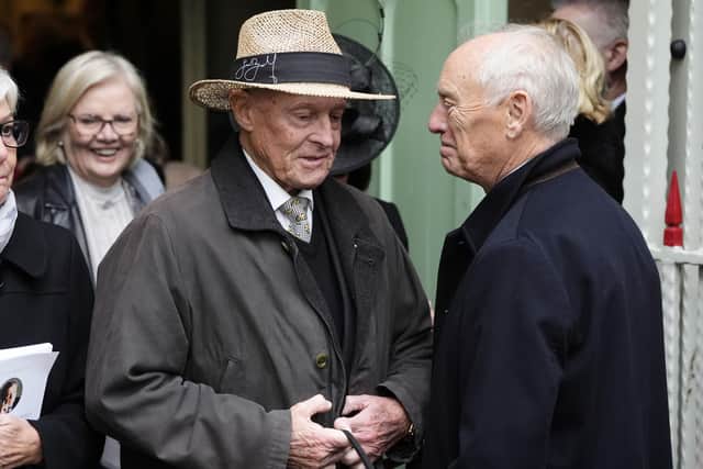 Geoffrey Boycott (left) speaks with Colin Graves as they leave St Mary’s Church, Barnsley. (Pic credit: Nick Potts / PA Wire)