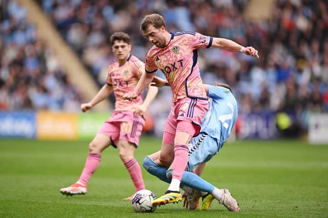 STRUGGLE: For Leeds United striker Patrick Bamford, front, in Saturday's defeat at Coventry City as the Whites no 9 is challenged by Josh Eccles. Photo by Alex Burstow/Getty Images.