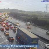 Two lanes have been closed on the M62 eastbound between junctions 26 and 27 (pictured) in West Yorkshire. Image: motorwaycameras.co.uk