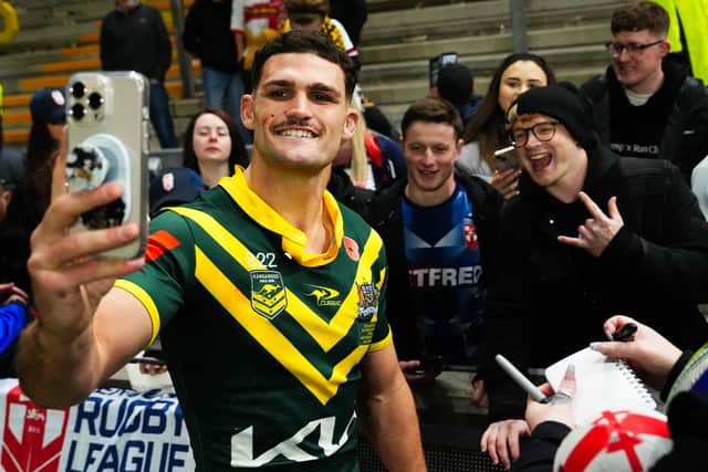 Australia's Nathan Cleary takes a selfie with fans following the third Test win against England at AMT Headingley. Picture by Olly Hassell/SWpix.com.