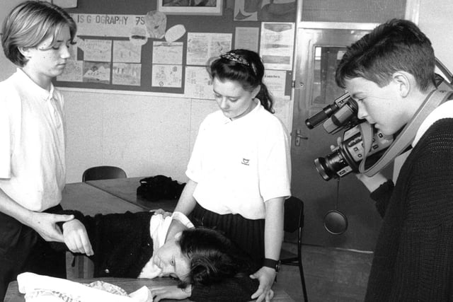 School pupils (left to right) Gary l'Anson, Carrieanne Playfor, Angela Proud and Christopher Wright, were pictured during the production of their video in November 1992 which highlights the dangers of drugs.