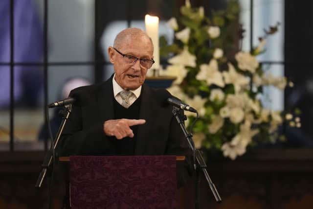Geoffrey Boycott speaks at the funeral service. (Pic credit: Nick Potts / PA Wire)