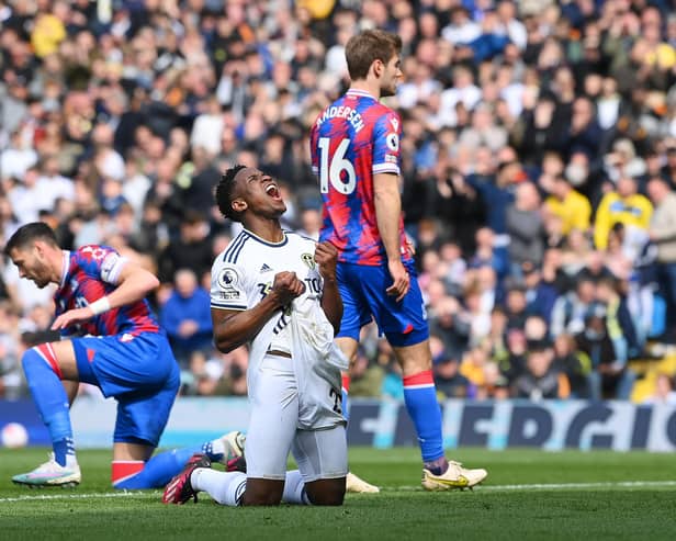 STORY OF THE HALF: Leeds United winger Luis Sinisterra shows his frustration as another Whites chance goes begging in a dominant opening 45 minutes against Crystal Palace. Photo by Stu Forster/Getty Images.