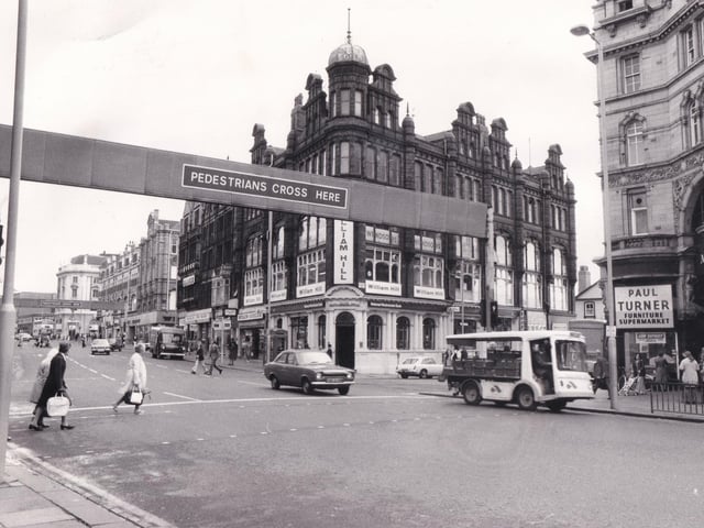 Do you remember the 'pedestrians cross here' gantries which dominated during the 1970s? This photo, from September 1975, was taken between the Willis Ludlow store and the north entrance to Kirkgate Market.