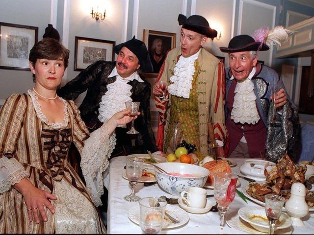 S.T.A.R.S Theatre Group were preparing to stage The Beggars Opera at Adel and Ireland Wood Community Centre in October 1997. Some of the cast visited Tetley's Brewery Wharf in August 1997 to get a feel for the period. Pictured in the Georgian Room, from left, are Clare Burnside, Chris Townsley, Chris Binns and Martin Evans.