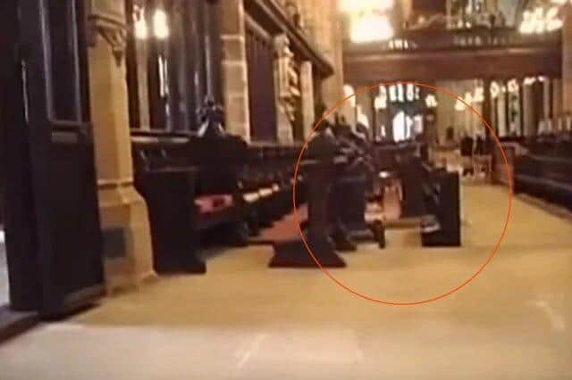 The video, taken by Mark Vernon, shows footage of a ghost-like figure floating within the cathedral.