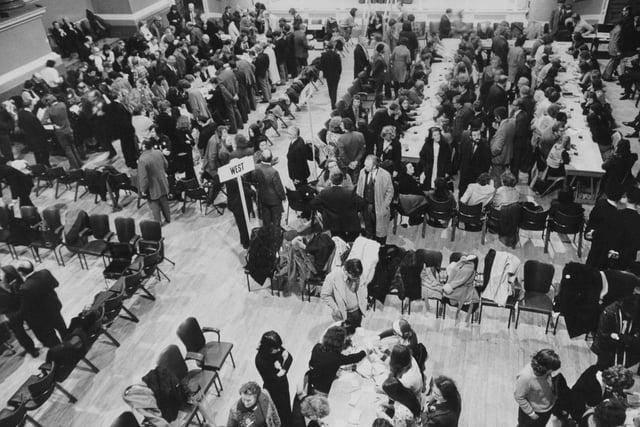 Counting gets underway at Leeds Town Hall on the night of the General Election in February 1974.