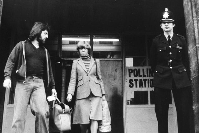 A policeman on duty outside Royal Park Middle School polling station in May 1978.