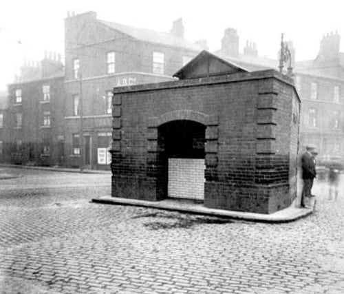 A public toilet for men set in the road at the junction of Dewsbury Road and Meadow Road. Pictured in April 1927.