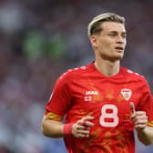 MANCHESTER, ENGLAND - JUNE 19: Ezgjan Alioski of North Macedonia  during the UEFA EURO 2024 qualifying round group C match between England and North Macedonia at Old Trafford on June 19, 2023 in Manchester, England. (Photo by Catherine Ivill/Getty Images)