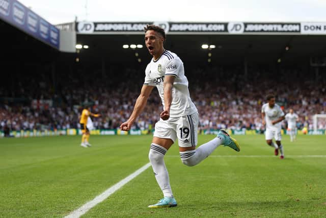 LEEDS, ENGLAND - AUGUST 06: Rodrigo Moreno of Leeds United celebrates after scoring their sides first goal during the Premier League match between Leeds United and Wolverhampton Wanderers at Elland Road on August 06, 2022 in Leeds, England. (Photo by Marc Atkins/Getty Images)