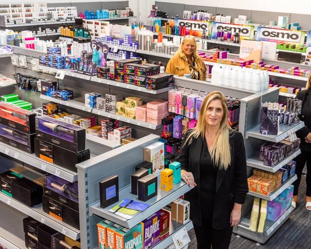 Adel Professional Hair & Beauty Supplies plus training academy which has opened. Pictured (left to right) Claire Heald (Manager), looking on Mandy Greenfield, (Sales), and Elle Dexter, (Supervisor).