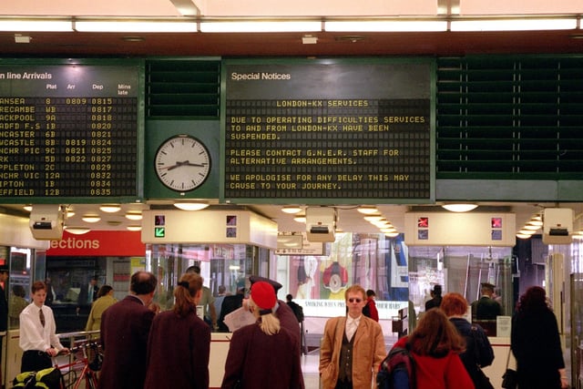 Travellers to London, using the railway,  faced difficulty as GNER pulled 31 trains for safety checks after a derailment in Bedfordshire. GNER staff were on hand, centre of picture, to advise travellers of alternative arrangements at Leeds City Station in 2005.