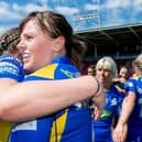 Captain Hanna Butcher celebrates after Leeds Rhinos' Women's Challenge Cup semi-final win against Wigan Warriors at St Helens last Sunday. Picture by Allan McKenzie/SWpix.com.