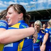 Captain Hanna Butcher celebrates after Leeds Rhinos' Women's Challenge Cup semi-final win against Wigan Warriors at St Helens last Sunday. Picture by Allan McKenzie/SWpix.com.