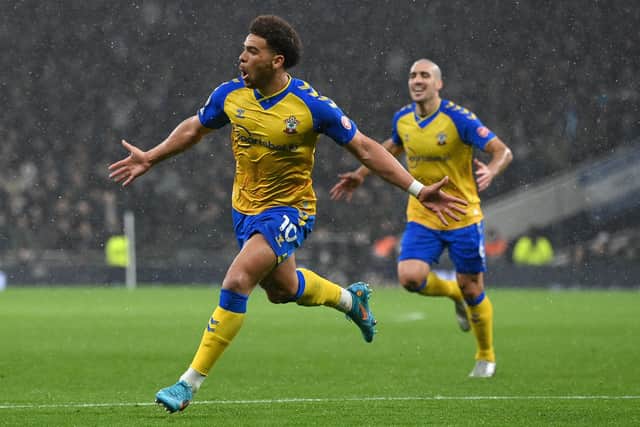 LONDON, ENGLAND - FEBRUARY 09: Che Adams of Southampton celebrates after scoring the winning goal during the Premier League match between Tottenham Hotspur  and  Southampton at Tottenham Hotspur Stadium on February 09, 2022 in London, England. (Photo by Mike Hewitt/Getty Images)