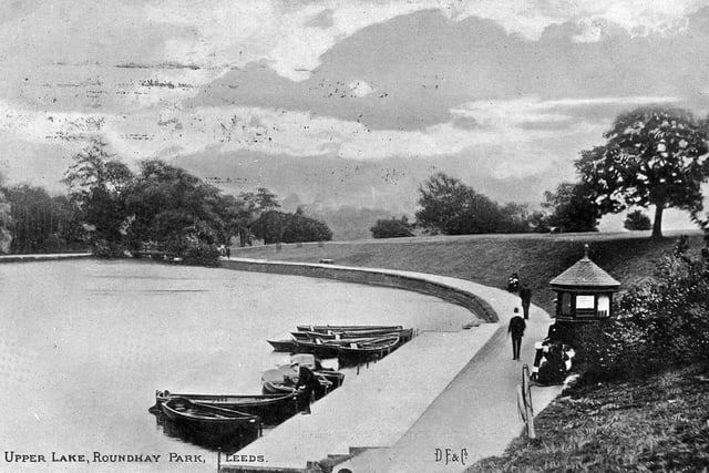 Postcard with an April 1906 postmark showing the Upper Lake at Roundhay Park. Rowing boats for hire are seen moored against the edge while what was presumably the ticket office is seen on the right.