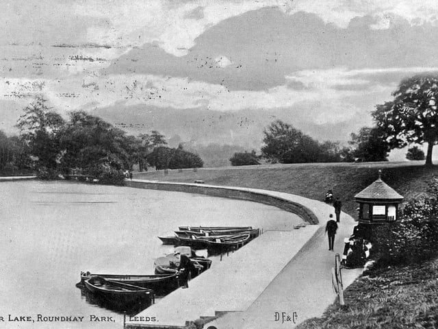 Postcard with an April 1906 postmark showing the Upper Lake at Roundhay Park. Rowing boats for hire are seen moored against the edge while what was presumably the ticket office is seen on the right.