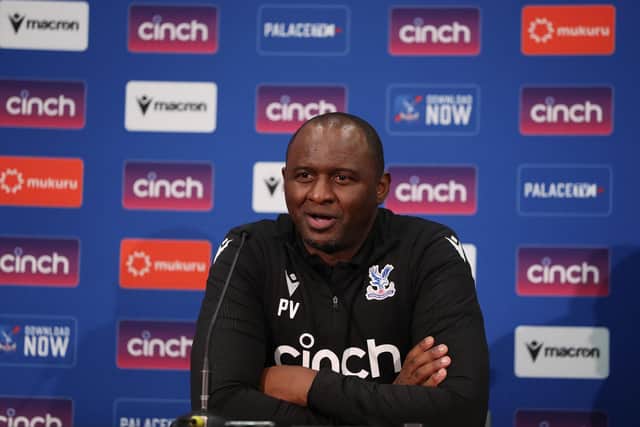 PERTH, AUSTRALIA - JULY 22:  Patrick Vieira, coach of Crystal Palace speaks at a press conference after the Pre-Season friendly match between Leeds United and Crystal Palace at Optus Stadium on July 22, 2022 in Perth, Australia. (Photo by Will Russell/Getty Images)