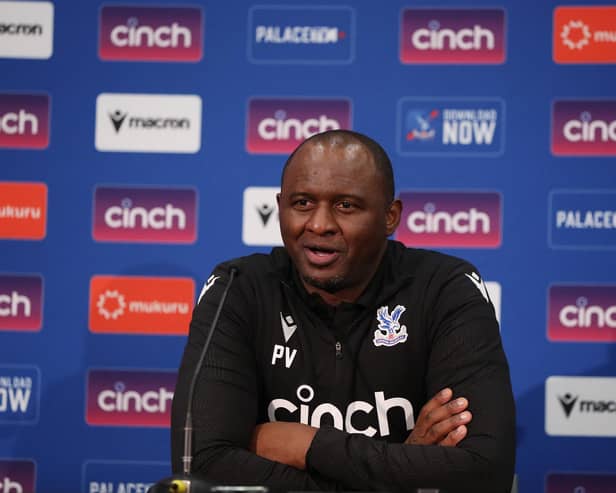 PERTH, AUSTRALIA - JULY 22:  Patrick Vieira, coach of Crystal Palace speaks at a press conference after the Pre-Season friendly match between Leeds United and Crystal Palace at Optus Stadium on July 22, 2022 in Perth, Australia. (Photo by Will Russell/Getty Images)