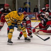 NOT THIS TIME: Leeds Knights' Liam Peyton sees his scoring attempt denied by Swindon Wildcats netminder Renny Marr. Picture: Alistair How/Knights Media.
