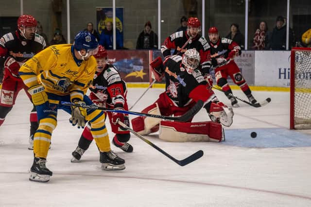 NOT THIS TIME: Leeds Knights' Liam Peyton sees his scoring attempt denied by Swindon Wildcats netminder Renny Marr. Picture: Alistair How/Knights Media.