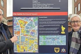Richard Wilson (left) of Leeds for Europe made a point of highlighting recent Dortmund Square improvements to Geoff Tranter, organiser of the visit from Leeds's German twin city.