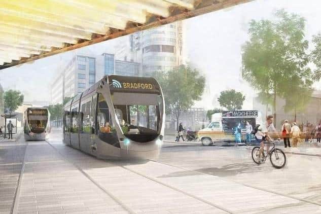 An artist's impression of light rail trams trains network public transport system for the West Yorkshire mass transit scheme.